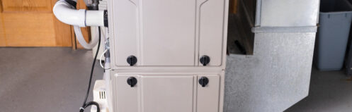 Double stage gas furnace in the basement in a Nashua home