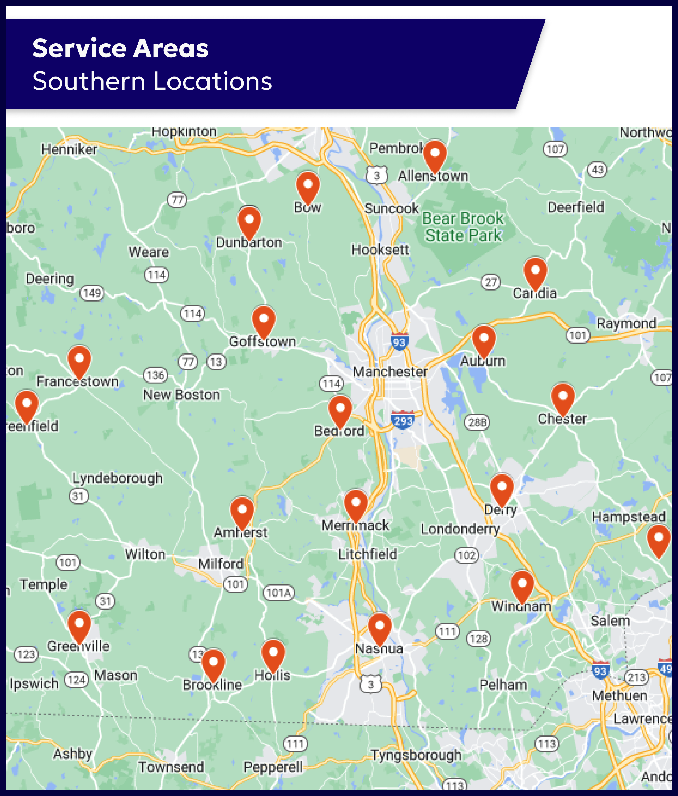 Map of Joyce Heating and Cooling Service Areas Southern Region